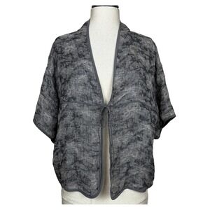 Eileen Fisher Jacket Womens Petite Large Gray Linen Silk‎ Trim Kimono Tie Front
